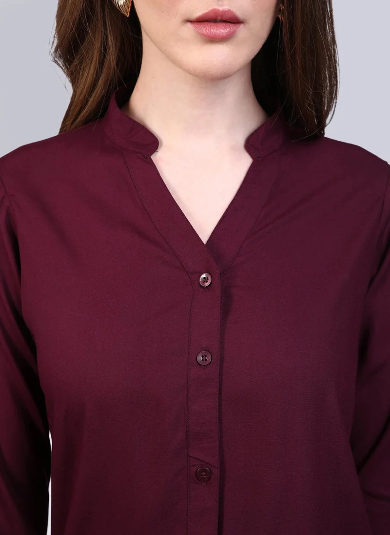 Urbano Fashion  Urbano Fashion Women's Maroon Modal Viscose Full Sleeve Regular Fit Casual Solid Shirt with Mandarin Collar for Women | Best Price UAE
